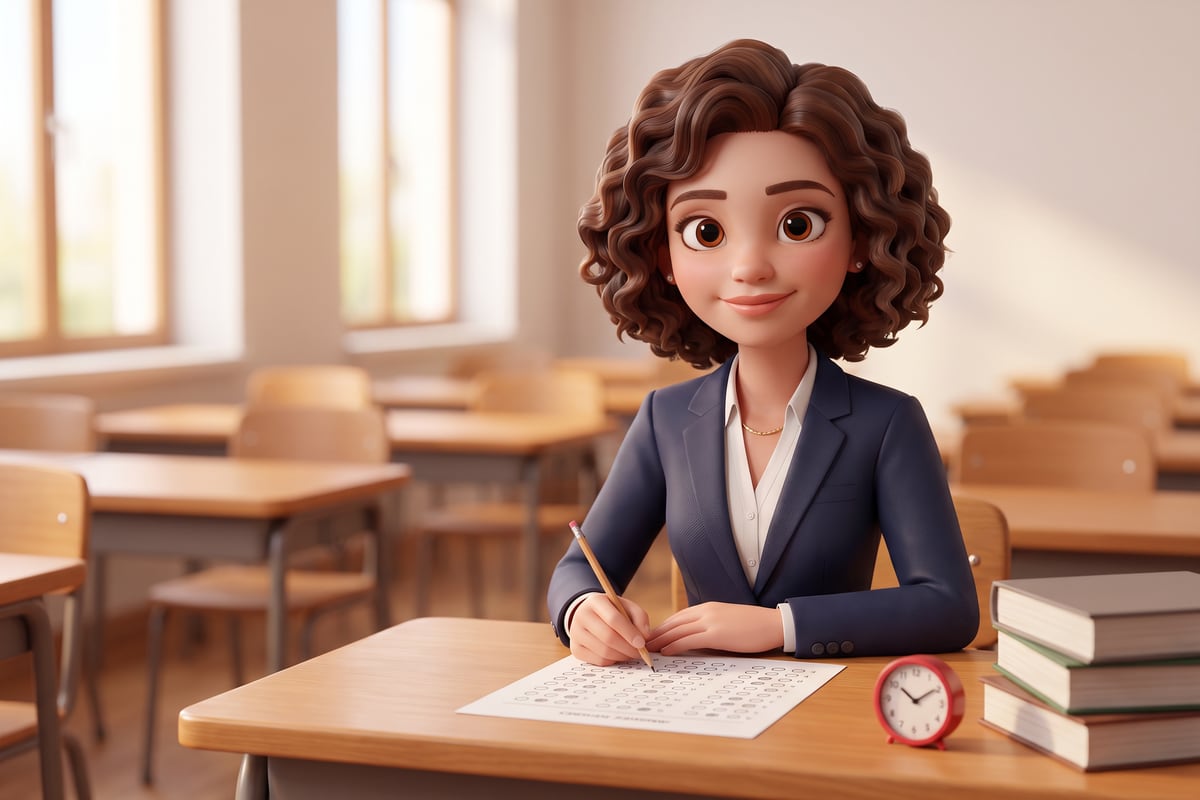 Mediator maakt de kennistoets aan een tafel in de examenzaal, met antwoordblad, potlood, klokje en studieboeken